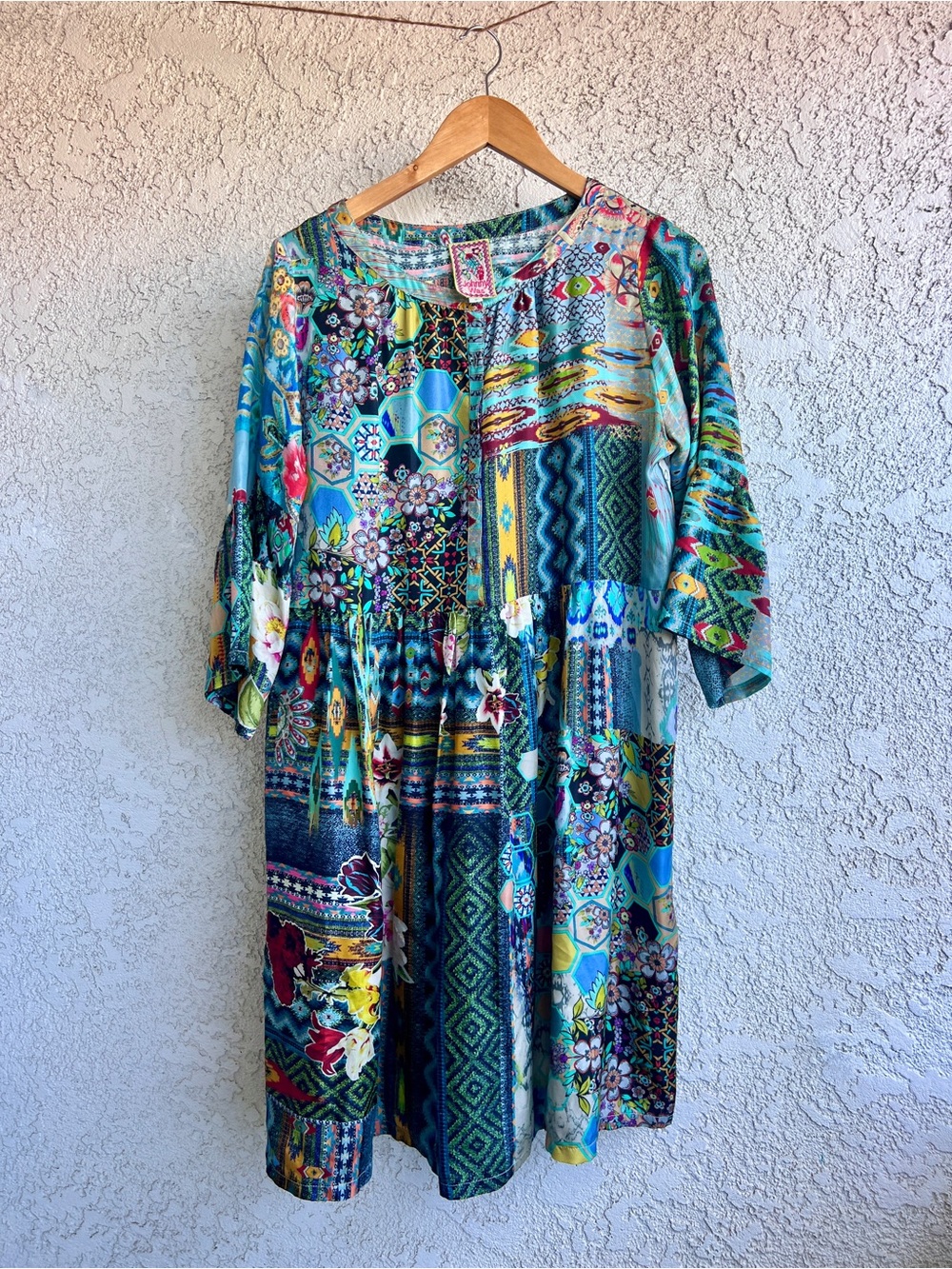 Johnny Was Nelsona Silk Teal, Green & Blue Patchwork Floral Midi Dress - Picture 3 of 11